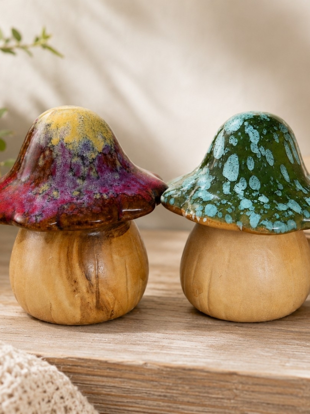 Vintage Ceramic Mushroom Figurines Set of 2 1970s Woodland Toadstool Cottagecore